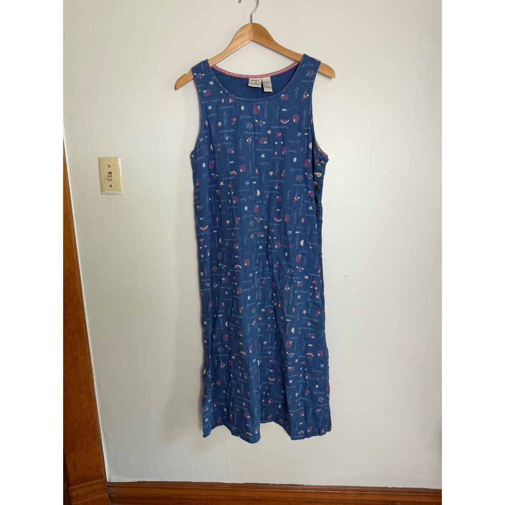 Vintage Americana‎ Patriotic Maxi Dress Blue Stars Flags Large coastal 4th july
